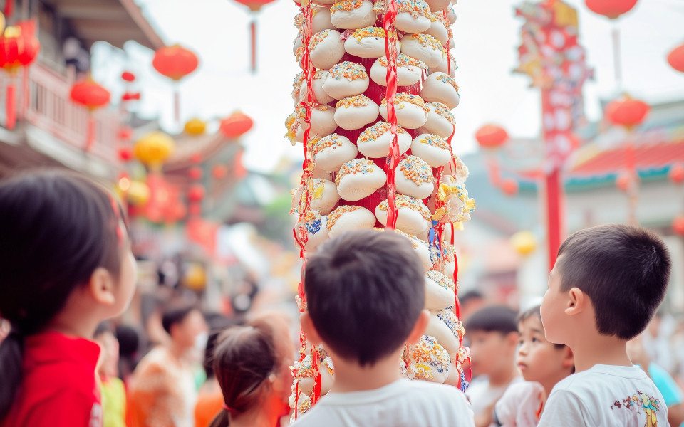 Kinder nehmen am Brotturm-Kletterwettbewerb teil zum Cheung Chau Bun Festival