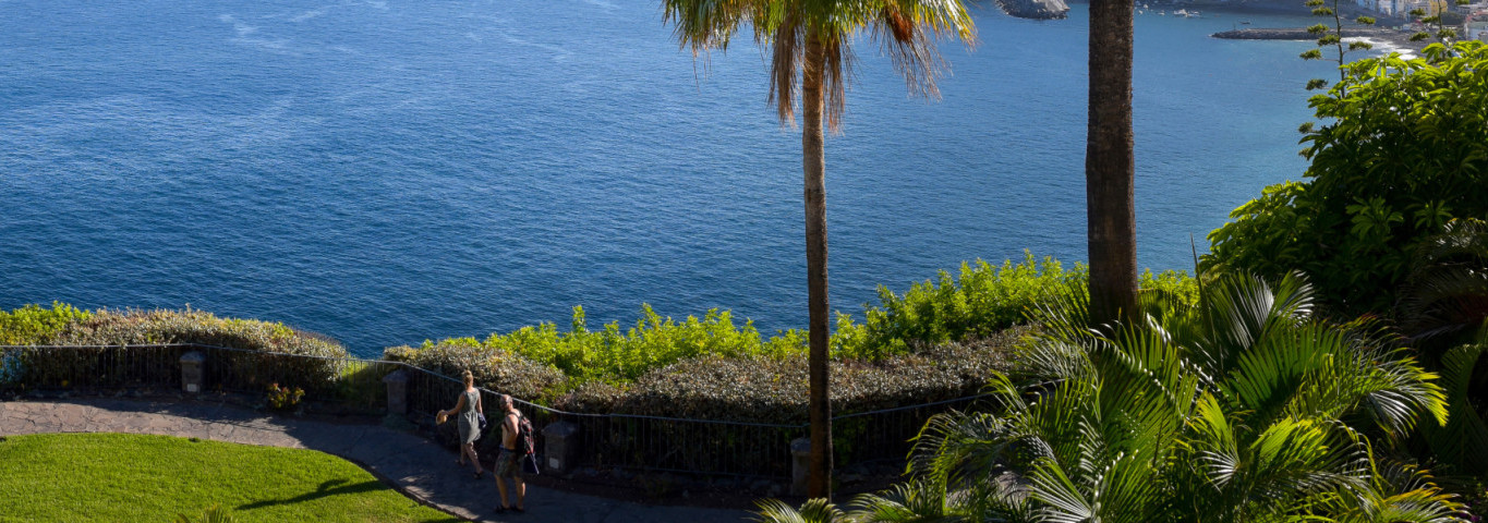 Panoramablick von einem tropisch bepflanzten Garten mit Palmen auf den Atlantik, im Hintergrund die Steilküste und eine kleine Ortschaft auf La Gomera, Kanarische Inseln, Spanien.